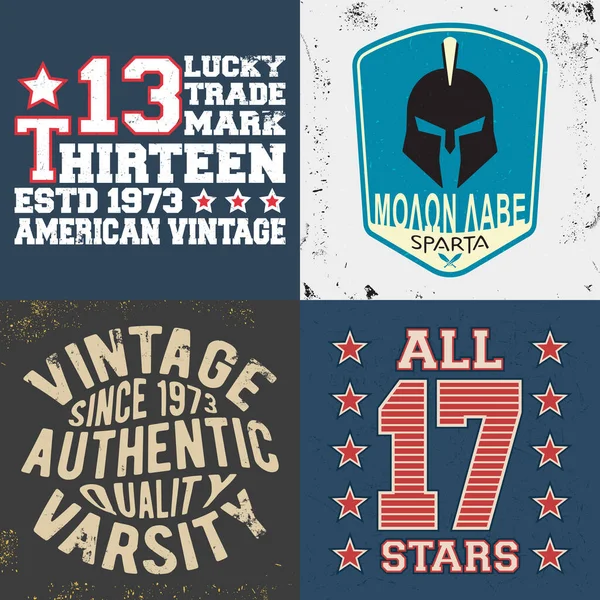 Set of vintage design print for t-shirt stamp, tee applique, fashion typography, badge, label clothing, jeans, and casual wear. Vector illustration — Stock Vector