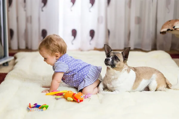 Pequeña Chica Caucásica Divertida Niño Sienta Casa Suelo Una Alfombra —  Fotos de Stock