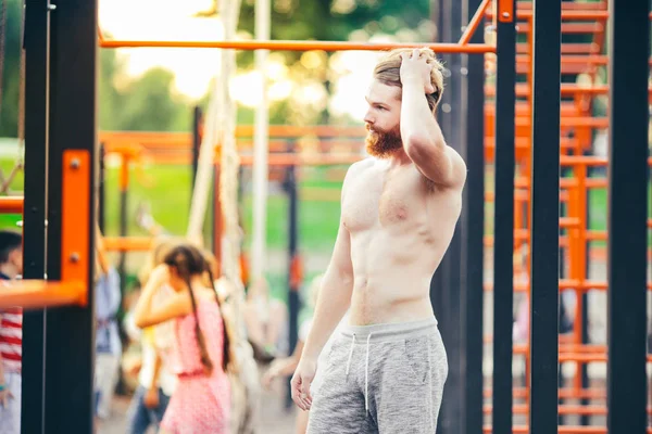 Subject Sport Street Workout Handsome Young Caucasian Man Bare Chested — Stock Photo, Image