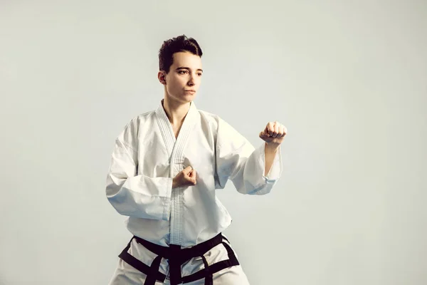 Girl Karate Suit Kimono Studio Grey Background Female Child Shows — Stock Photo, Image