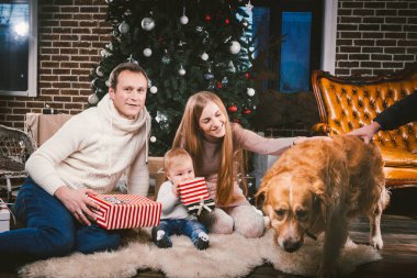 Aile kutlama Noel akşam. Kozalaklı altında oturan aile üç beyaz insanlar Noel ağacı katındaki halı yün bir ağaç. Bir çocuk hediye, Anne Genç şık giyinmiş kutusuyla tutar.