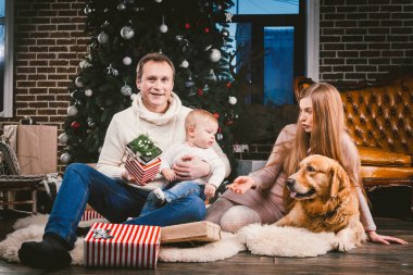 Tema Noel ve yeni yıl aile çevresi ve yerel evde beslenen hayvan. Köpek Noel ağacı hediyeler ve büyük yakın katta oturan anne baba ve çocuk 1 yaşında beyaz bir kadın doğurmak golden labrador geri almak.