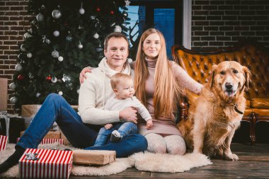 Tema Noel ve yeni yıl aile çevresi ve yerel evde beslenen hayvan. Köpek Noel ağacı hediyeler ve büyük yakın katta oturan anne baba ve çocuk 1 yaşında beyaz bir kadın doğurmak golden labrador geri almak.