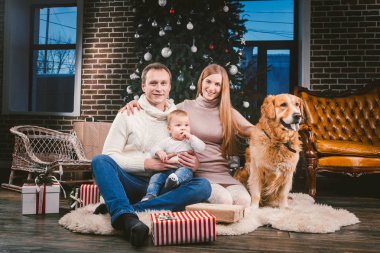 Tema Noel ve yeni yıl aile çevresi ve yerel evde beslenen hayvan. Köpek Noel ağacı hediyeler ve büyük yakın katta oturan anne baba ve çocuk 1 yaşında beyaz bir kadın doğurmak golden labrador geri almak.