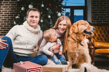 Tema Noel ve yeni yıl aile çevresi ve yerel evde beslenen hayvan. Köpek Noel ağacı hediyeler ve büyük yakın katta oturan anne baba ve çocuk 1 yaşında beyaz bir kadın doğurmak golden labrador geri almak.