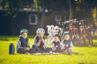 Aktif aile tatili teması. Grup insanları küçük çocuklar üç erkek ve kız kardeş parkta bisikletlerin yanında battaniyeye oturup çimenlerin üzerinde dinleniyor ve fincanlarla termos çayından içiyorlar..