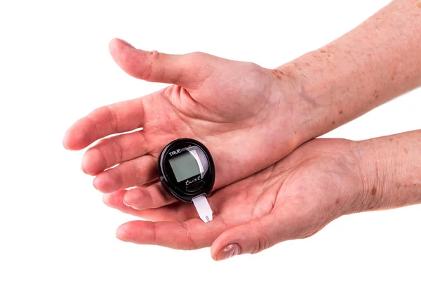 Hands Older Women Analyzing Blood Sugar — Stock Photo, Image