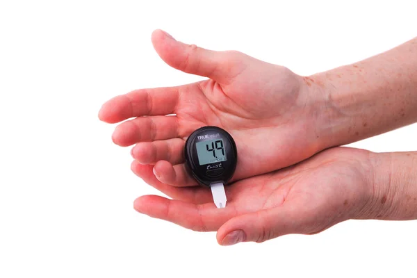 Hands Older Women Analyzing Blood Sugar — Stock Photo, Image