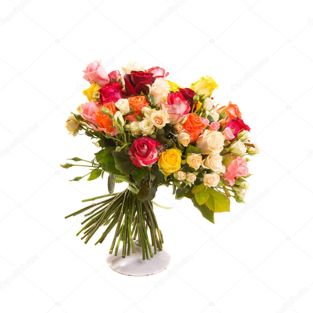 Bouquet of assorted multicolored roses isolated on white background.