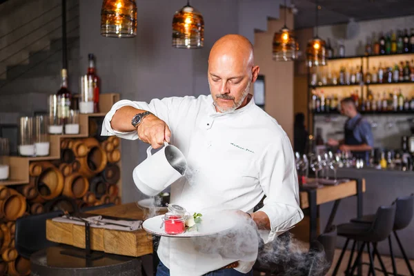 Handsome Italian Man Bald Beard White Uniform Chef Restaurant Posing — Stock Photo, Image