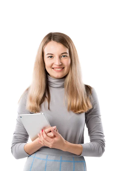 Thema Vrouw Bedrijfstechnologie Mooie Jonge Kaukasische Blonde Vrouw Grijze Jurk — Stockfoto