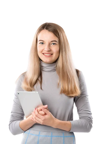 Tema Kadın Teknoloji Güzel Genç Eller Gri Elbiseli Tablet Ile — Stok fotoğraf