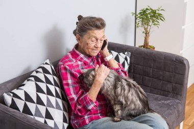 Tema eski kişi teknolojisini kullanır. Memnun sevinç gülümseme etkin gri saç beyaz kırışıklıkları kadın oturan ev oturma odası kanepe üzerinde kabarık kedi istimal hareket eden telefon, çağrı ve telefonu konuşurken Olgun.