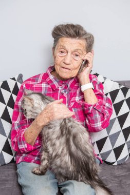 Tema eski kişi teknolojisini kullanır. Memnun sevinç gülümseme etkin gri saç beyaz kırışıklıkları kadın oturan ev oturma odası kanepe üzerinde kabarık kedi istimal hareket eden telefon, çağrı ve telefonu konuşurken Olgun.