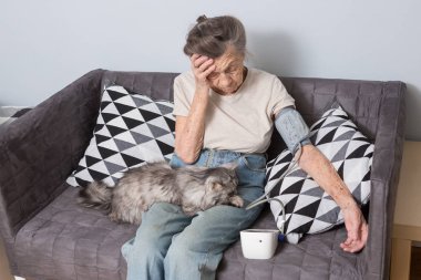 Konu çok eski kişi ve sağlık sorunları var. Bir üst düzey beyaz bir kadın, 90 yaşında bir çocuk, kırışıklık ve gri saç ile ana sayfa ile evde beslenen hayvan kedi koltukta oturur ve tonometer kullanır. Yüksek tansiyon baş ağrısı.