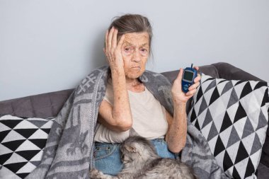 Tema yaşlı adam ve diyabet. büyük beyaz bir kadın gri saçlı ve kırışıklık ev kanepe glikoz düzeyi kan kan şekeri ölçüm cihazı kullanarak yardım tıbbi cihaz ile ölçer. Evde beslenen hayvan kedi elinde.