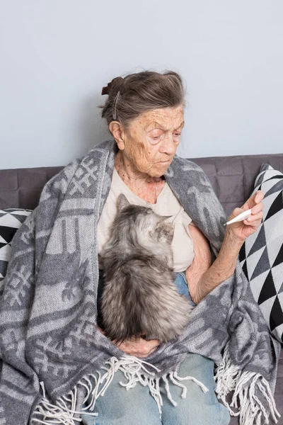 一位有着灰白头发和深深皱纹的老白人祖母正坐在家里的沙发上 一只宠物猫 疾病是寒冷和发烧的 养老金领取者手里拿着一个温度计 — 图库照片