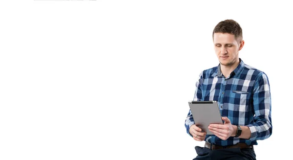 Young Caucasian Man Tablet His Hands Sitting White Isolate Background — Stock Photo, Image