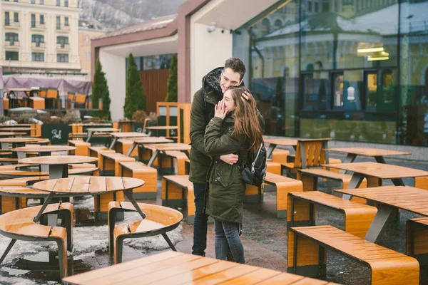 Young Couple Love Girl Student Stand Embracing Tables Street Terrace — Stock Photo, Image
