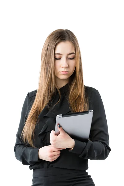 Mujer Tema Tecnología Negocios Hermosa Joven Mujer Caucásica Camisa Negra — Foto de Stock