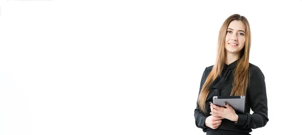 Vrouw Business Technologie Thema Mooie Jonge Kaukasische Vrouw Zwarte Shirt — Stockfoto