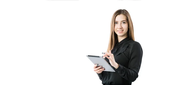 Kobieta Biznesu Technologii Tematu Piękne Młode Kaukaski Kobieta Czarnej Koszuli — Zdjęcie stockowe