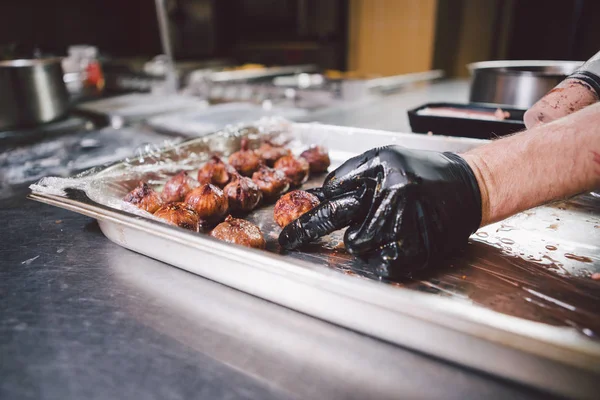 Theme Cooking Hands Close Young Caucasian Man Black Uniform Latex — Stock Photo, Image