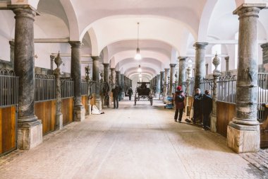 February 20, 2019. The Royal Stable in Denmark is the city of Copenhagen in the territory of Christiansborg Slot. Old stable with white horses in stalls clipart