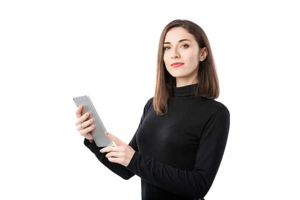 Woman business technology theme. Beautiful young caucasian woman in black shirt posing standing with tablet hands on white isolate background. Profession Marketer Sales Social Media Advertising — Stock Photo, Image