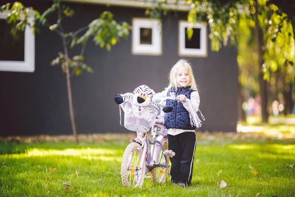 Bambino divertente ragazza caucasica bionda vicino a una bici viola con un cesto e un giocattolo di zebra in un parco esterno su un prato verde erba carrello a casa — Foto Stock