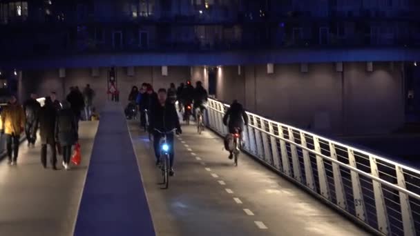 18 Şubat 2019. Danimarka, Copenhagen. Yaya Köprüsü iki bölüme ayrılmıştır: bir bisiklet yolu ve bir yürüyüş yolu. Şehir gece görünümü asma ile. Taşıma Bisiklet Avrupa'nın ekolojik görünümü — Stok video