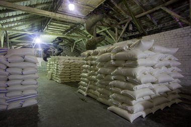 Tema bitki depo. Bir sürü beyaz kumaş çanta gevşek ürünleri ile üretimde kapalı kazık büyüğe. Bitmiş ürün paket içinde saklamak için Angar. Nakliye teyp