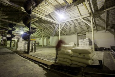 14 Ekim 2014.Ukraine.Kyiv.Workers kurumsal. İki beyaz delikanlı yükleyici eski bir fabrikada çalışıyorum. Çanta bir nakliye kemer üzerine yükleme.