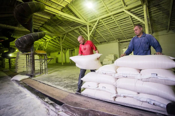 14 octubre 2014.Ucrania.Kyiv.Trabajadores en la empresa. Dos jóvenes caucásicos trabajan como cargadores en una vieja fábrica. Carga de bolsas en un cinturón de transporte . —  Fotos de Stock