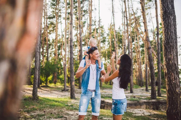 Een familie van drie, jonge mooie ouders spelen met hun dochter zit op de schouders van de paus een jaar na de geboorte in de naaldhout bos in de zomer — Stockfoto