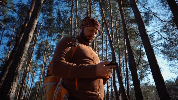 Theme tourism and technology. Young caucasian man with beard and backpack. Hiking tourist in pine forest uses technology, hand holding mobile phone to touch the screen. Gps application orientation — Stock Photo, Image