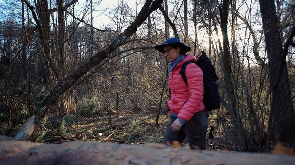 Молодая туристка с рюкзаком шагает по упавшему дереву в лесу с рюкзаком. Тематический туризм в лесу. Преодоление трудностей и проблем — стоковое фото