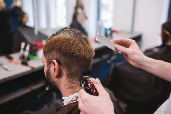 Close up shot of man getting trendy haircut at barber shop. Male hairstylist serving client, making haircut using machine and comb