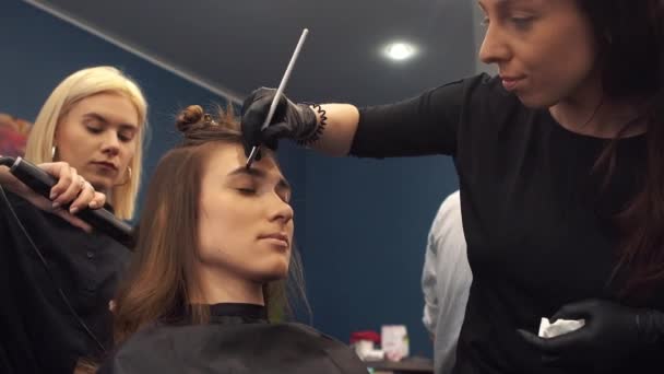 Teñido de cejas. El maestro pinta las cejas con la henna a la muchacha hermosa, pinta con el pincel en el salón de la esteticista-maquilladora. Arquitectura de frente — Vídeos de Stock