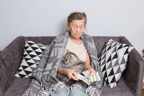 theme old age, loneliness health care. old grayhaired Caucasian woman with deep wrinkles sitting with pet animal cat. poor grandmother holding blister pill medication. Emotion despair fear and pain