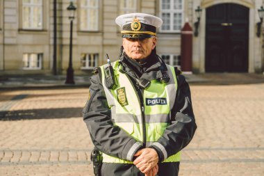 20 Şubat 2019. Başlıktaki erkek bir polis memurunun portresi. Queens varış için Danimarka Bahçe Polis. Kopenhag, Danimarka. Danimarka polis memuru Kraliçe Margrethe Ii güvenlik nedeniyle
