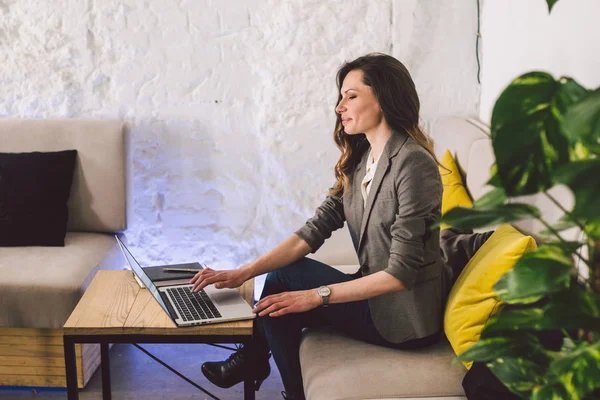 Concentrado no trabalho. Mulher de meia-idade adulta jovem confiante em roupas casuais inteligentes, trabalhando em um laptop, sentado dentro de um escritório criativo ou café. Tema mulher de negócios trabalhar no espaço livre — Fotografia de Stock