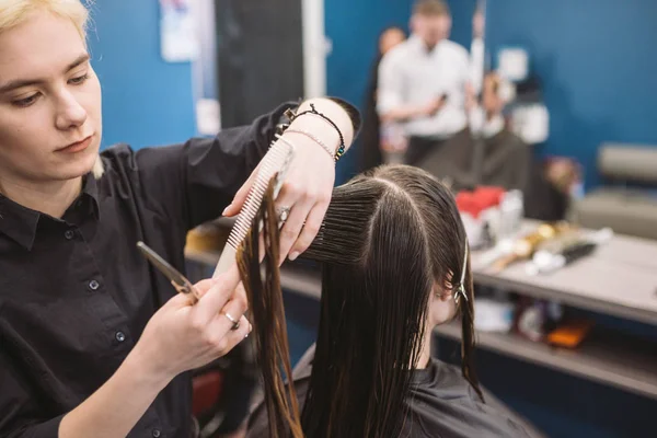 はさみと櫛を持っている美容師とヘアカットの女性のクライアントになります。若い美しい女性の髪は美容室でカット。使用はさみで毛切りのプロセス。美容師トリミングブラウン. — ストック写真