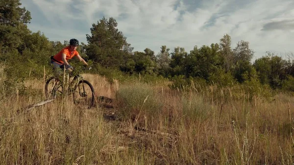 Junge athletische kaukasische Frau auf Mountainbikes auf dem schönen Feld des Federgrases. Abenteuer und Reisen. Sportfahrrad, Radfahren auf der schönen Wiese. Radler auf dem Fahrrad in Naturlandschaft — Stockfoto