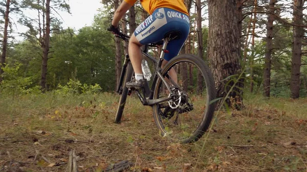 Ukraina, Kijów, 4 lipca 2019. Sesji rowerów górskich. Człowiek jazdy w lesie z rowerem górskim. Rowerzysta jazda rowerem na szlaku w pięknej Fairy Pine Forest. Koncepcja przygodowa i turystyczna — Zdjęcie stockowe