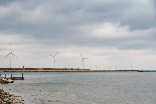 Tema este generarea de energie netă și protecția mediului. O serie de lame eoliene, energie eoliană în Marea Baltică în Europa Danemarca Copenhaga în timpul iernii — Fotografie de stoc gratuită
