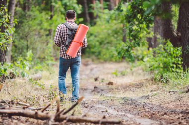 Kavram nefes kesen yolculuk ve macera. Sırt çantası ile geri görünüm yürüyüş cesur Kafkas adam kırsal yol boyunca ormana yürüyor. Tema turizm ve açık hava etkinlikleri. backpacker orman geçer