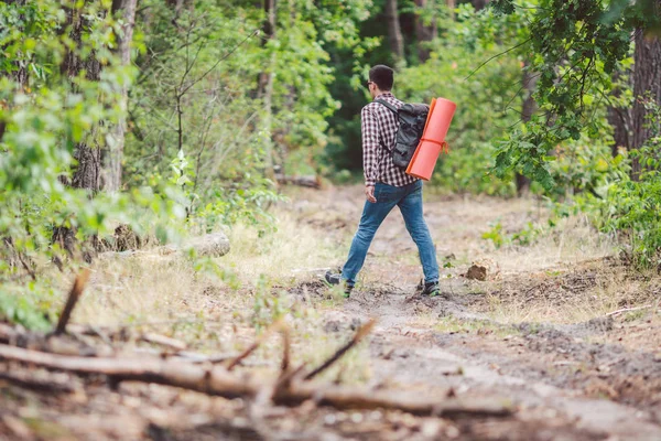 Koncept hisnande resa och äventyr. Back View vandra modiga kaukasiska kille med ryggsäck går in i skogen längs landsväg. Tema turism och utomhusaktiviteter. Backpacker går genom skogen — Stockfoto