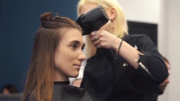 Retrato de mulher feliz no salão de cabeleireiro. Conceito de estilo de cabelo profissional. Cabeleireiro menina secagem cabelo longo usando secador de cabelo e escova. Secagem com secador de sopro — Vídeo de Stock