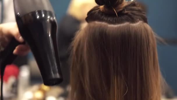 Ritratto di donna felice dal parrucchiere. Concetto professionale di hair styling. Parrucchiere asciugatura ragazza capelli lunghi con asciugacapelli e spazzola. Asciugatura con asciugatrice — Video Stock